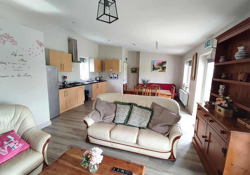 Living room and kitchen at Glasson Glamping Farm.